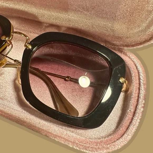 Miu Miu Black & Gold Acetate SMU 07O Square Lense Metal Frame Sunglasses W/ Case - Picture 11 of 16